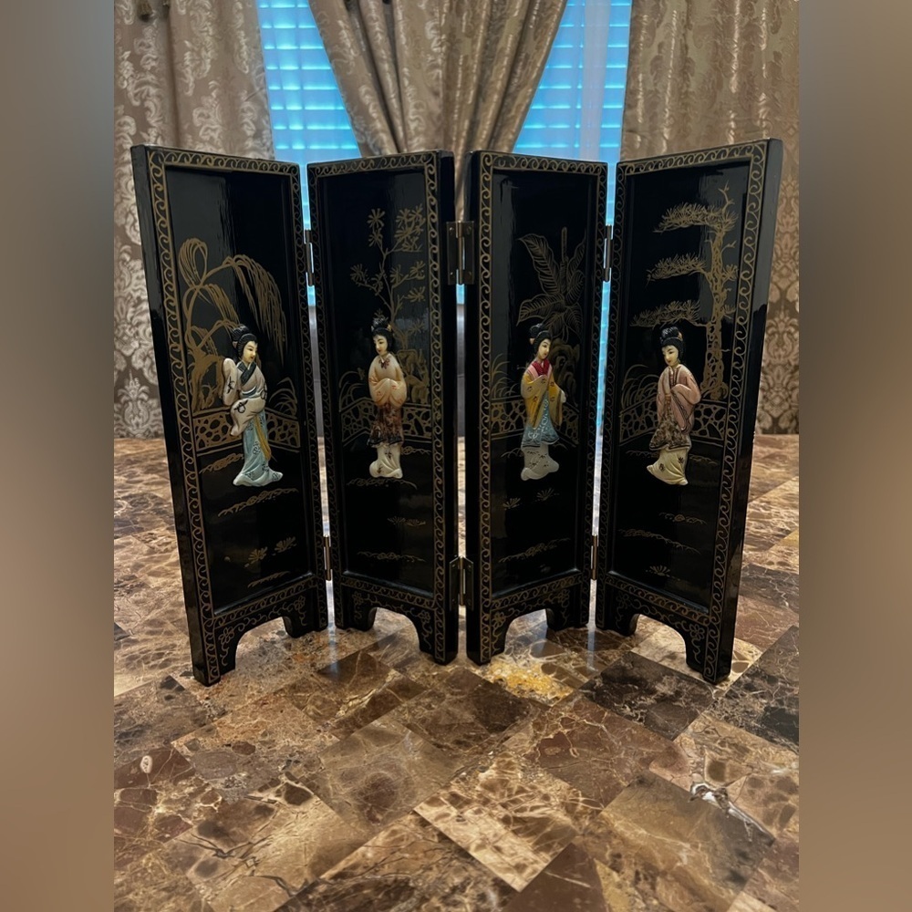 Vintage 1940s Asian 4-panel Mother Of Pearl Table Top Divider